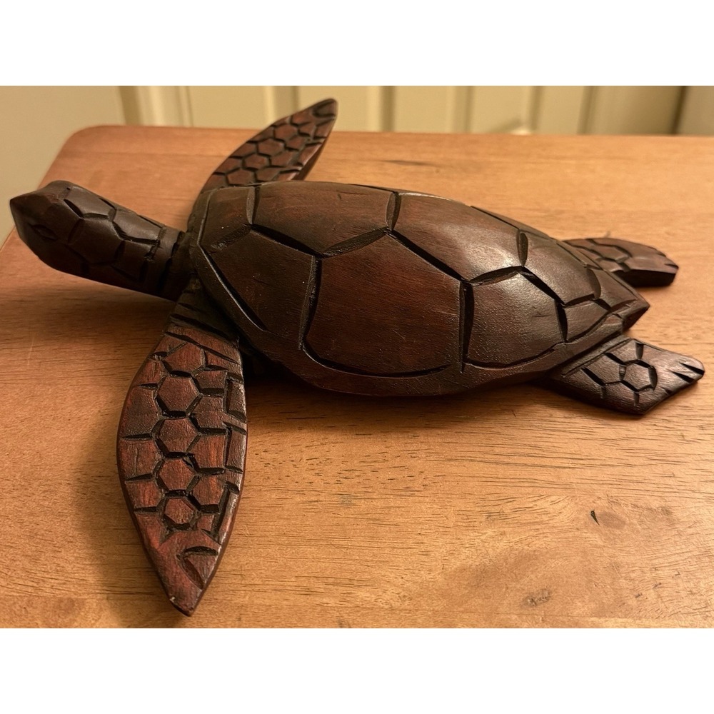 VTG Wooden Hand Carved Turtle Home Decor Sculpture Figurine Turtle Handmade 11"
